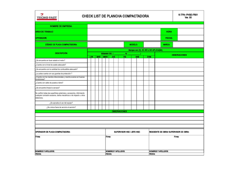 Check List Plancha Compactadora | PDF