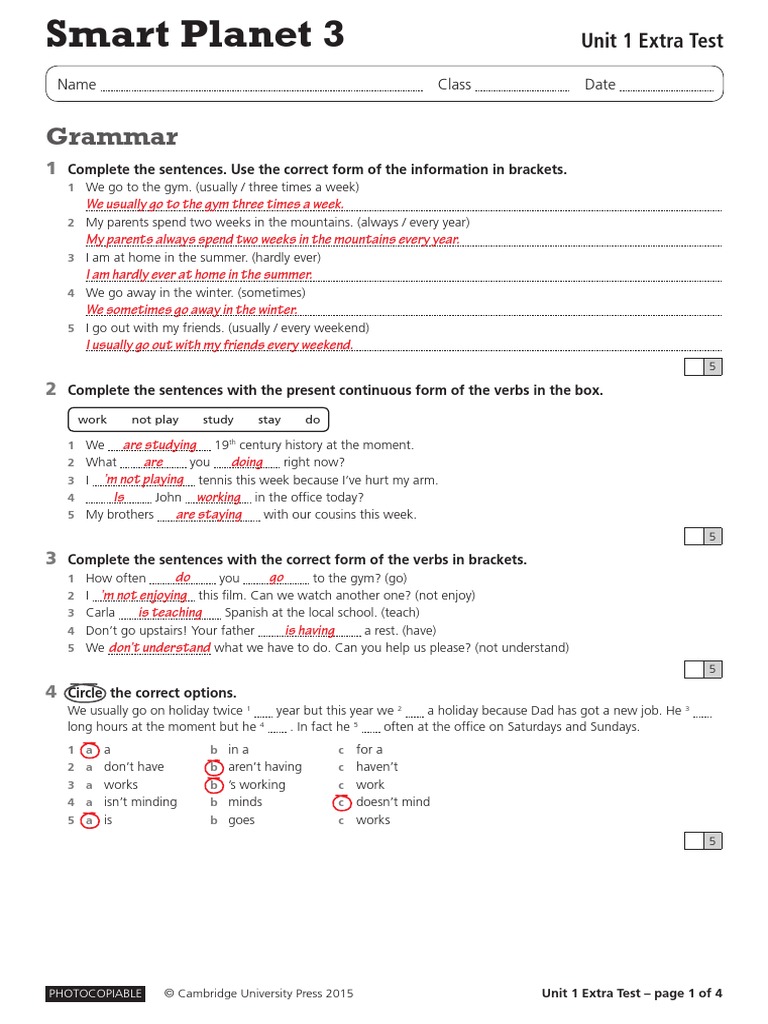 Smart Planet 3 Unit 1 Extra Test With Answers | PDF