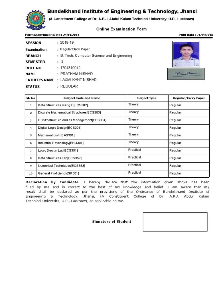 B.Tech Online Exam Form 2018-19 | PDF