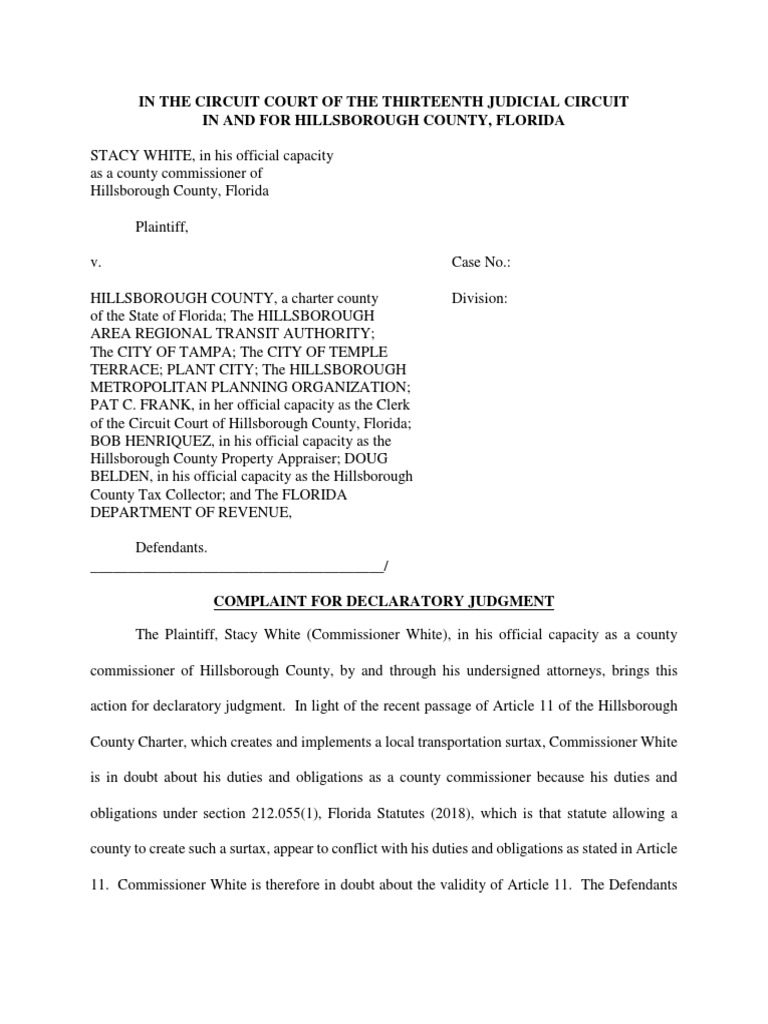 In The Circuit Court Of The Thirteenth Judicial Circuit In And For