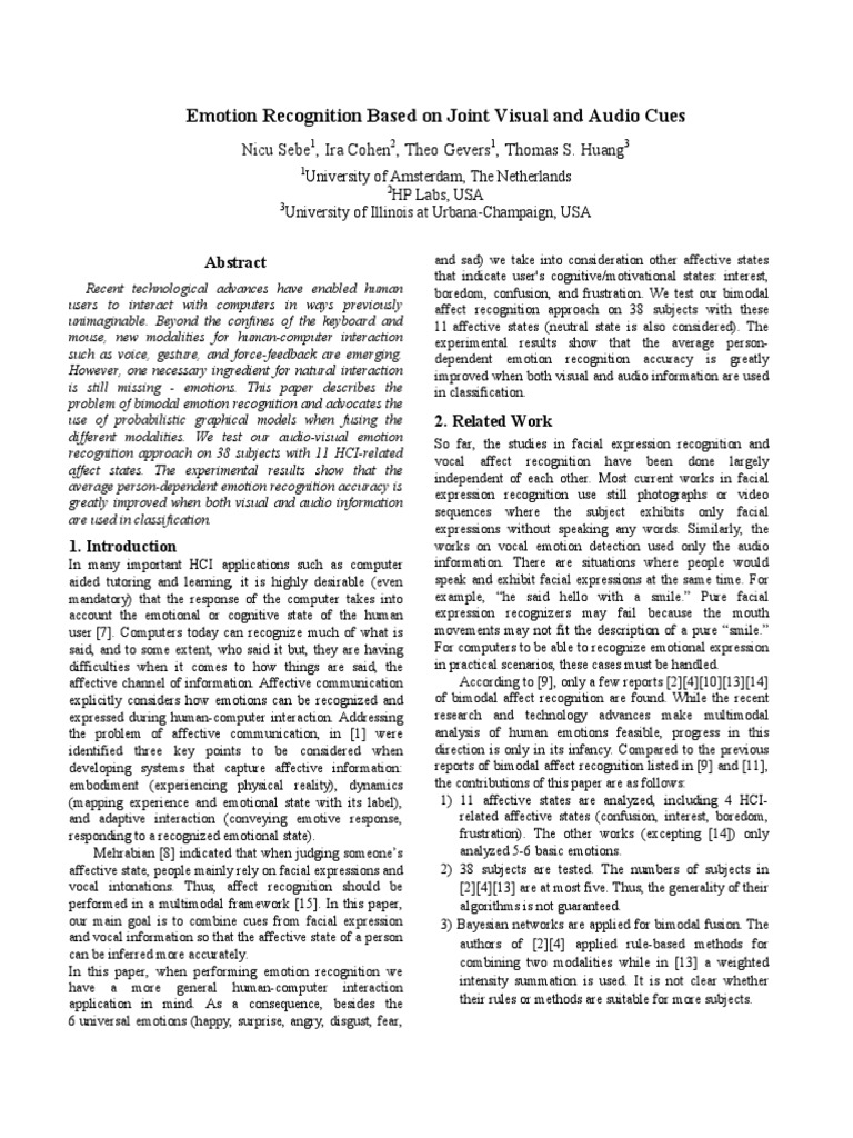 Bimodal Emotion Recognition in HCI | PDF | Facial Expression | Emotions