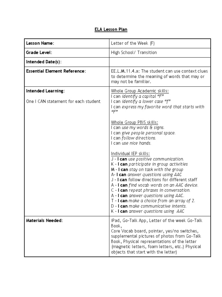 ELA Lesson Plan Lesson Name: Grade Level: Intended Date(s) : Essential ...