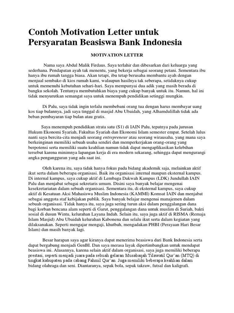 Contoh Motivation Letter Untuk Persyaratan Beasiswa Bank
