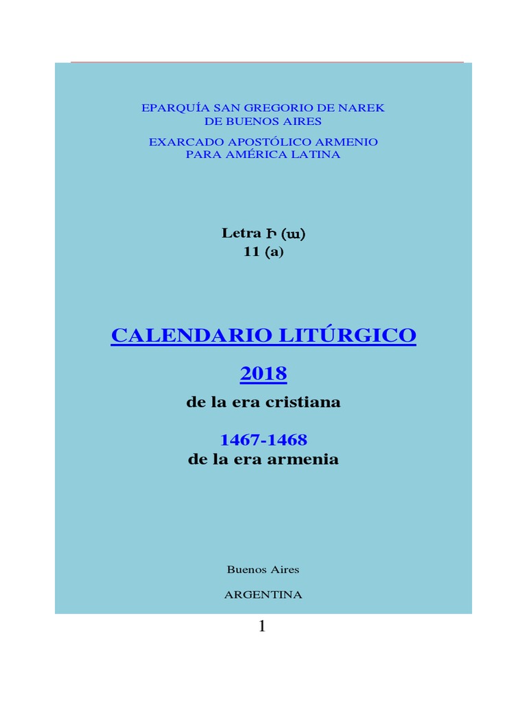 Calendário Liturgico 2018 Eparquia San Gregorio de Narek de Buenos