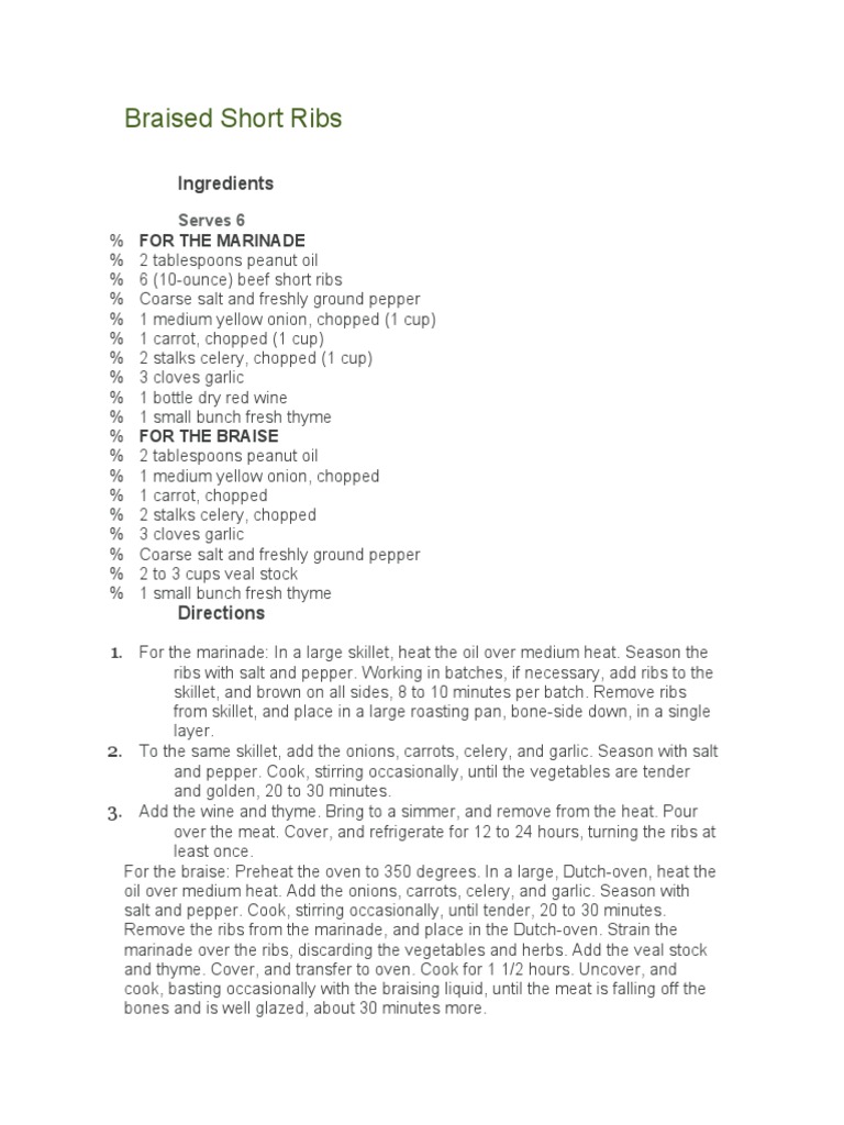 Gourmet Braised Short Ribs Recipe | PDF | Cooking, Food & Wine ...