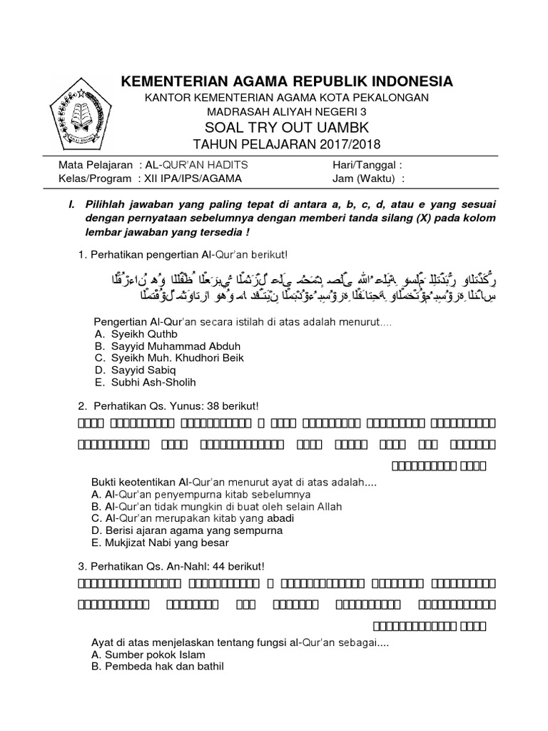 Soal Al Quran Hadits Kelas 12 Semester 1 Beserta Jawabannya kumpulan
