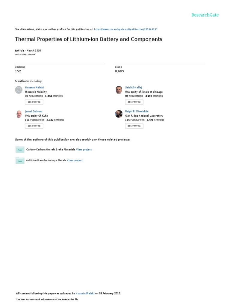 Thermal Properties of Lithium Ion Battery and Components: March 1999 ...