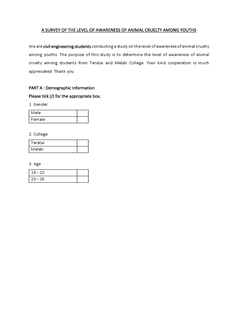 Draft 3 Questionnaire Level of Awareness of Animal Cruelty | PDF ...
