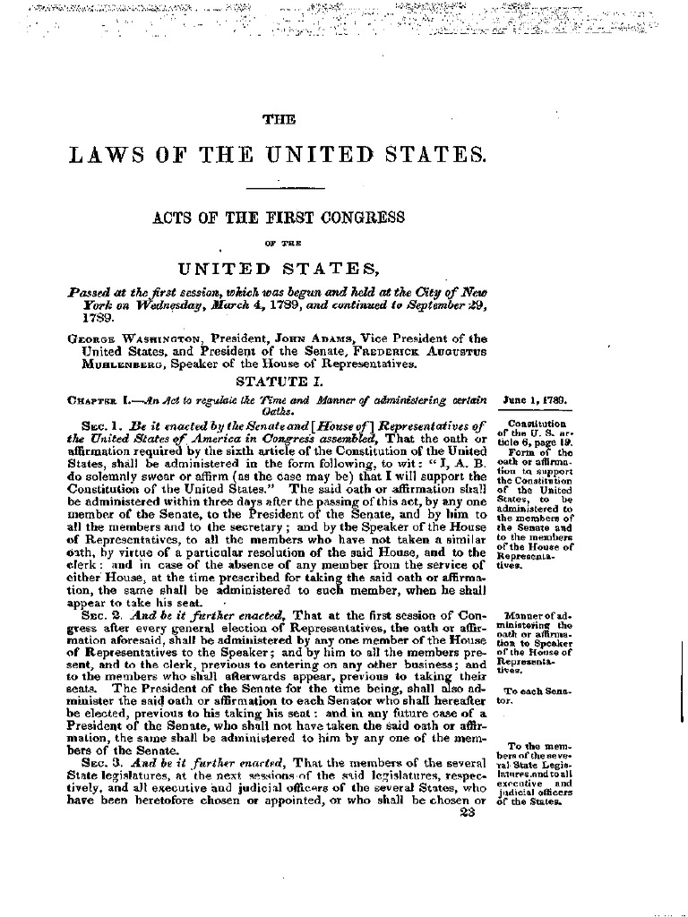 1 Stat 23 Mandatory Oaths Oath Of Office United States House Of