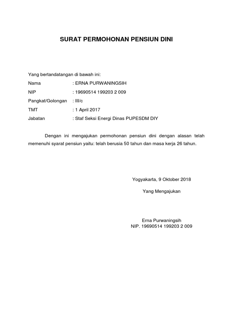 Contoh Surat Permohonan Pensiun Dini