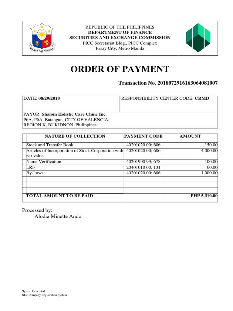 Order of Payment for SEC Registration | PDF