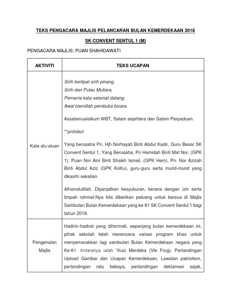 Teks Pengacara Majlis Pelancaran Bulan Kemerdekaan