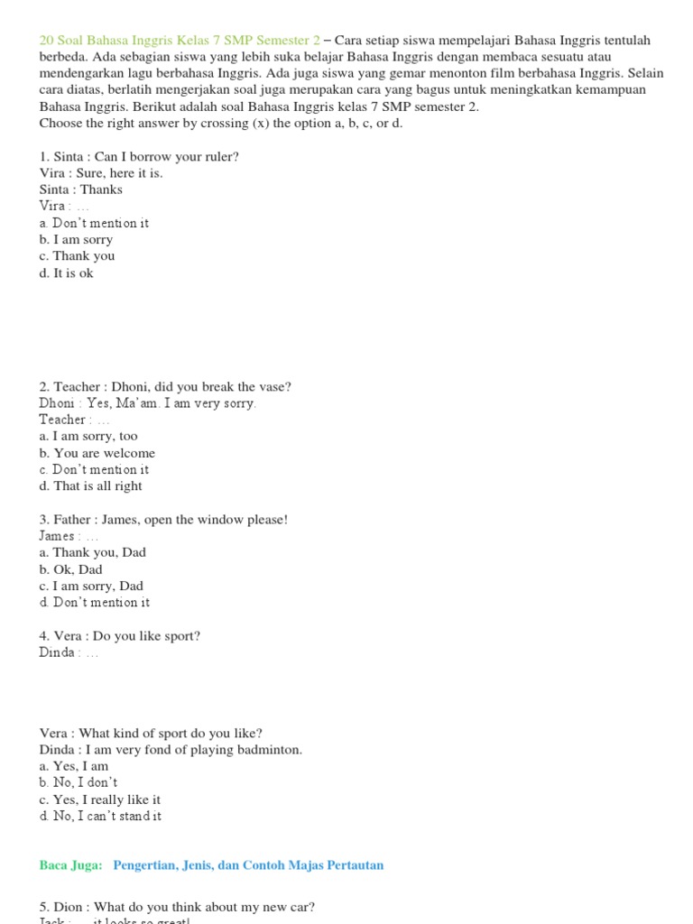 Soal Bahasa Inggris Kelas 7 SMP Semester 2 | PDF | Foods