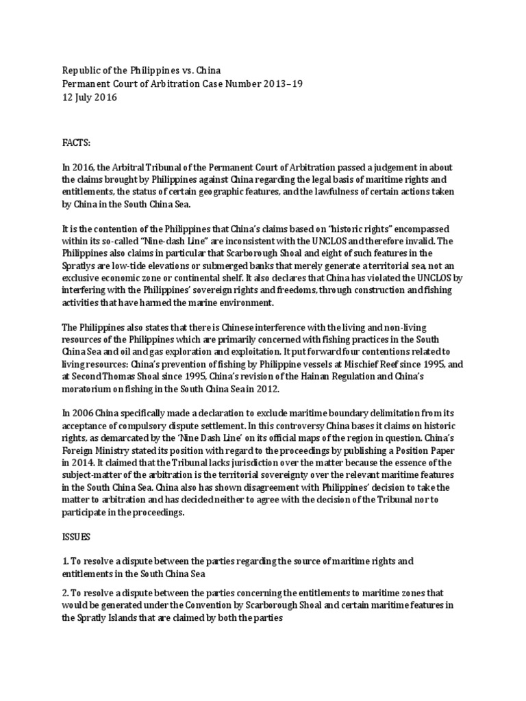Republic of The Philippines vs. China Permanent Court of Arbitration ...