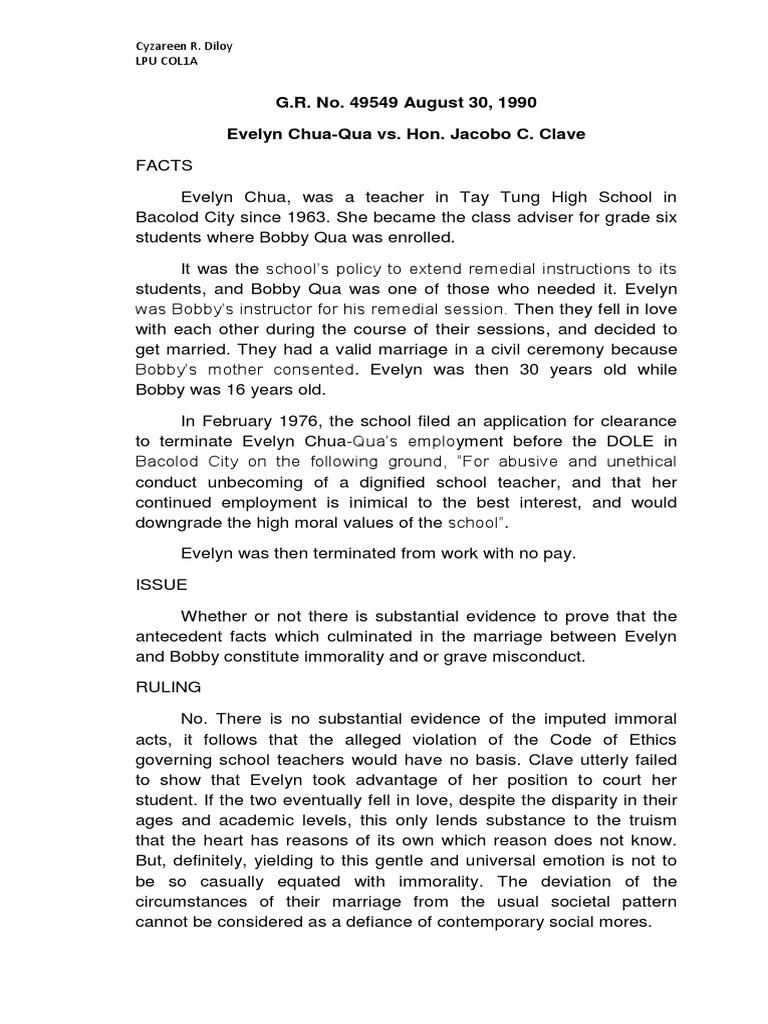 G.R. No. 49549 August 30, 1990 Evelyn ChuaQua vs. Hon. Jacobo C. Clave