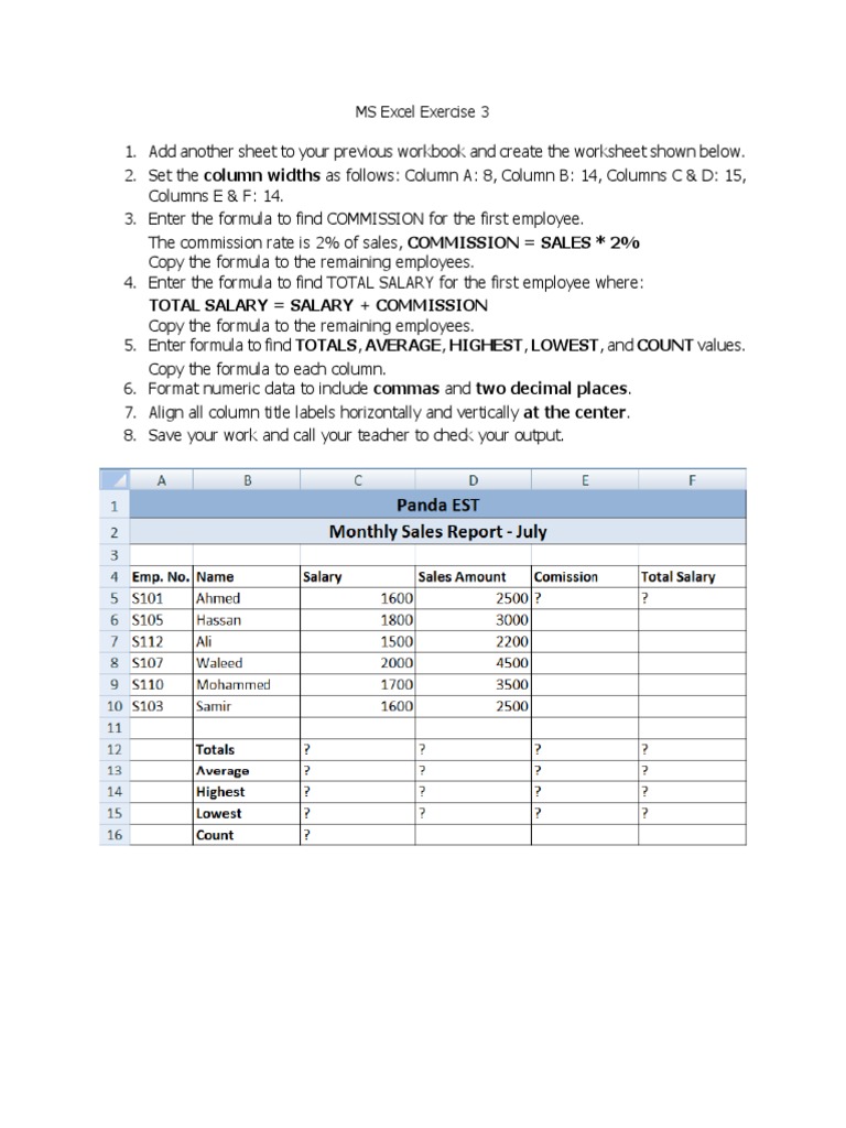 Ms excel exercise 3 pdf
