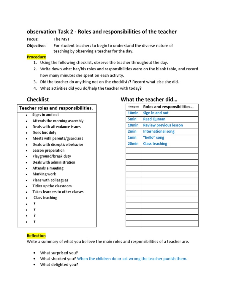 Teacher Roles and Responsibilities Observed | PDF | Career & Growth