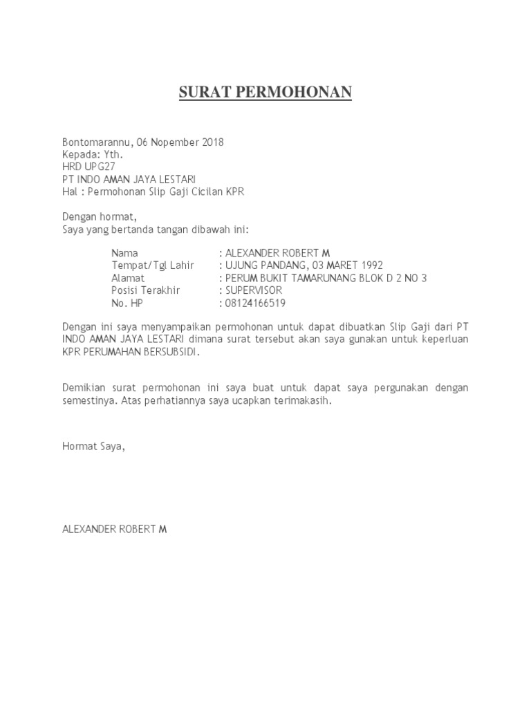 Contoh Surat Rasmi Tanpa Slip Gaji