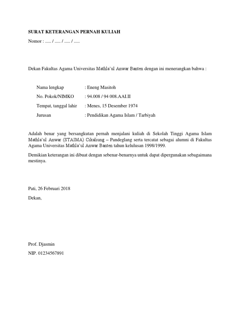 Surat Keterangan Pernah Kuliah | PDF
