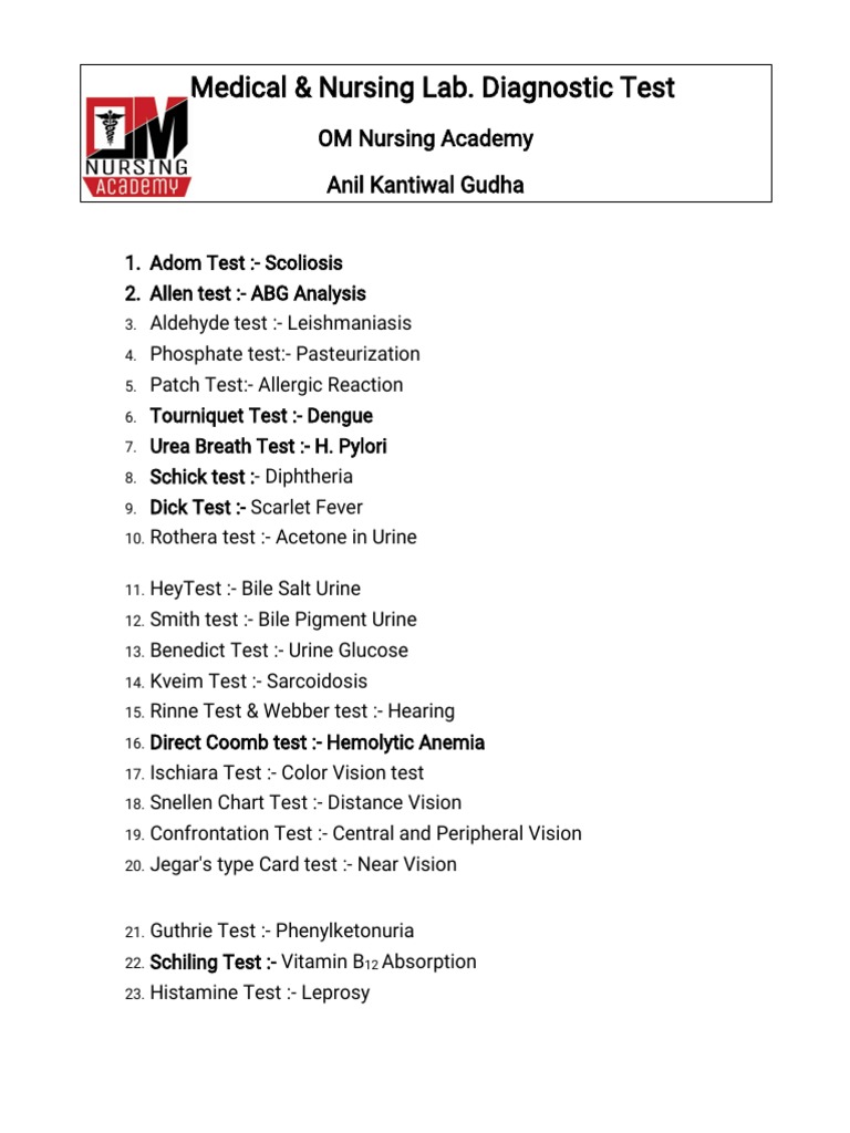List of Medical Nursing Lab Diagnostic Test PDF