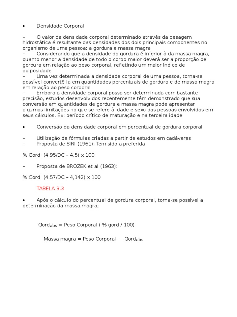 Cálculo da Densidade Corporal e Gordura | PDF | Índice de massa ...