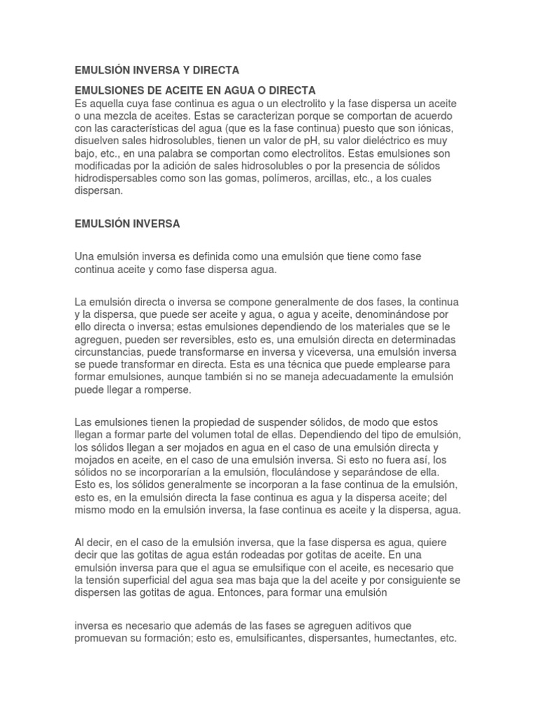 Emulsiones Directas e Inversas: Características | PDF | Emulsión | Petróleo