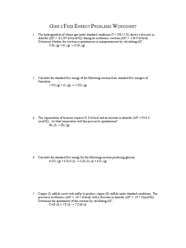 Gibbs Free Energy Worksheet  PDF Regarding Gibbs Free  Energy Worksheet