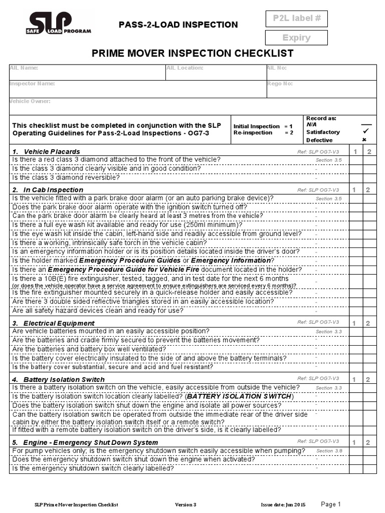OG7 V3 Prime Mover Inspection Checklist Jun 2015 | Electrical Wiring ...