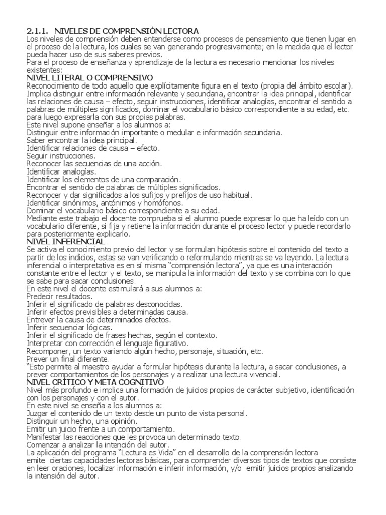Niveles de Comprensiòn Lectora | PDF | Comprensión lectora | Lectura ...
