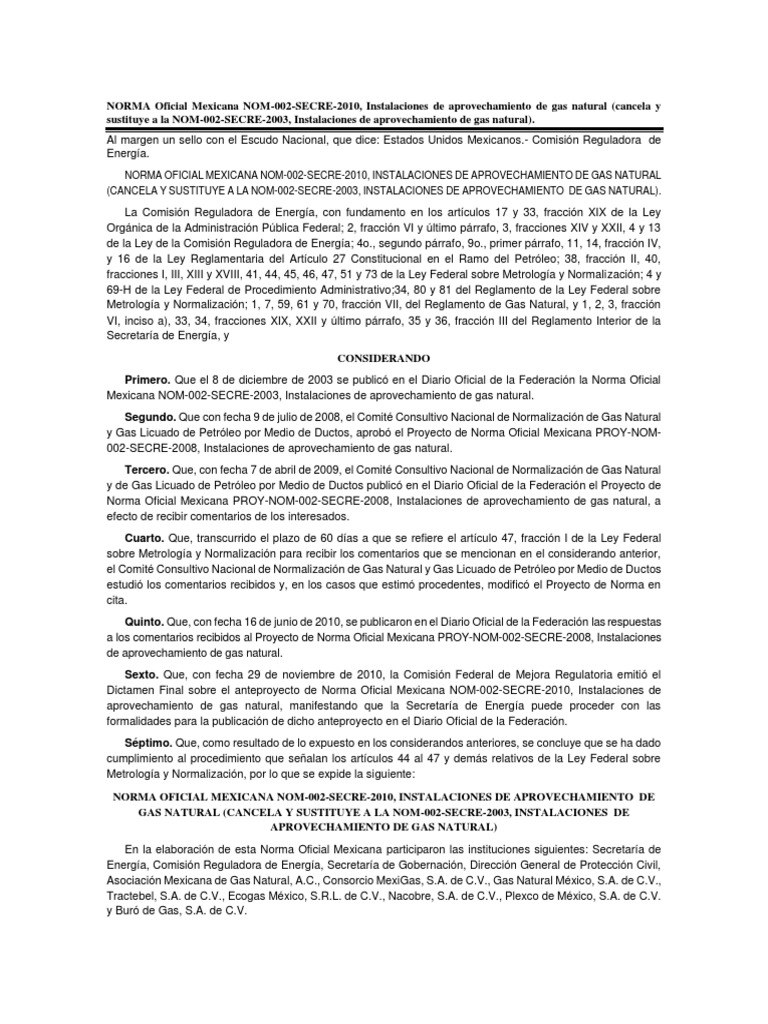 NORMA Oficial Mexicana NOM Gas Natural | PDF | Tubería (transporte de ...