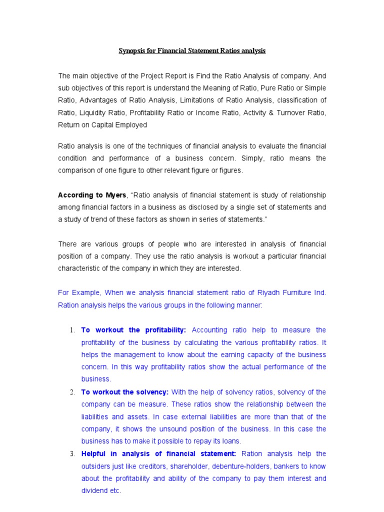 Synopsis Ratio Analysis  PDF  Financial Statement  Ratio