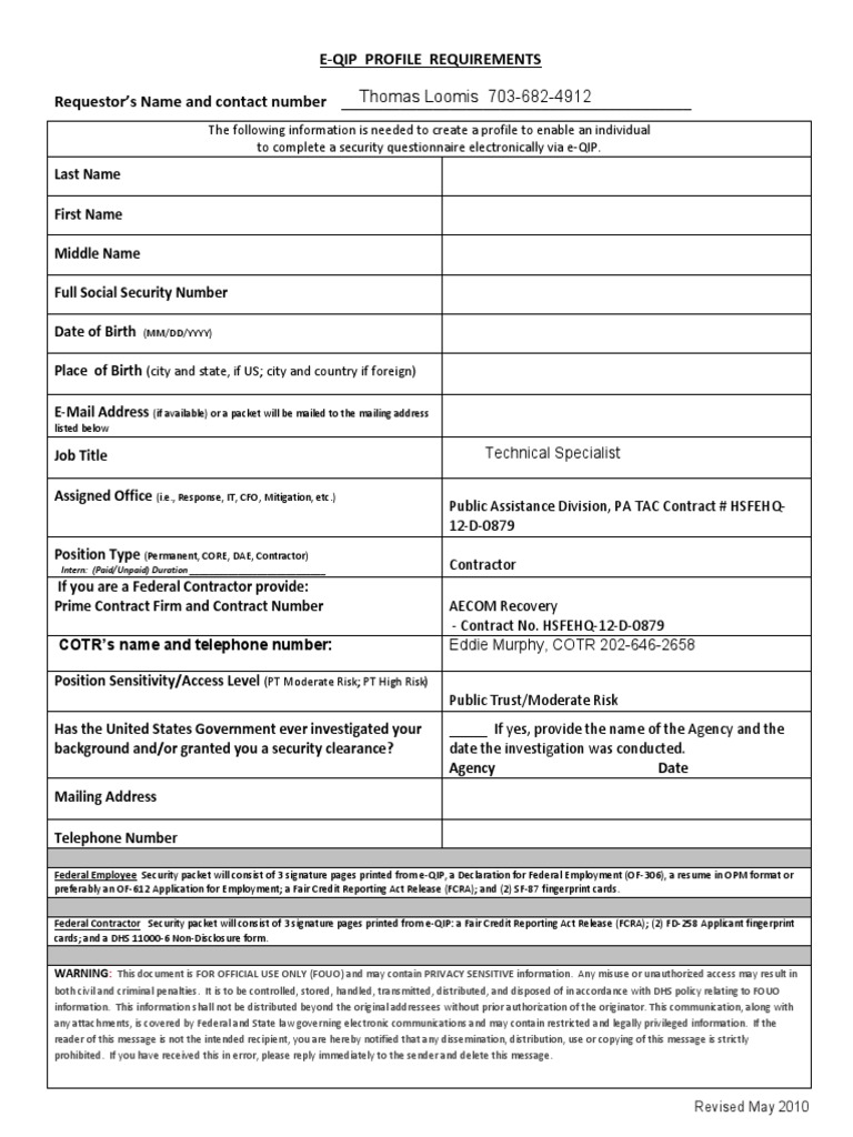 FEMA eQIP Profile Sheet Recovery Final (13013) Security