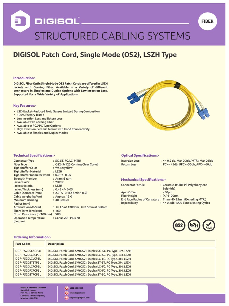 Fiber SM Patch Cord Datasheet | PDF | Optical Fiber | Optics
