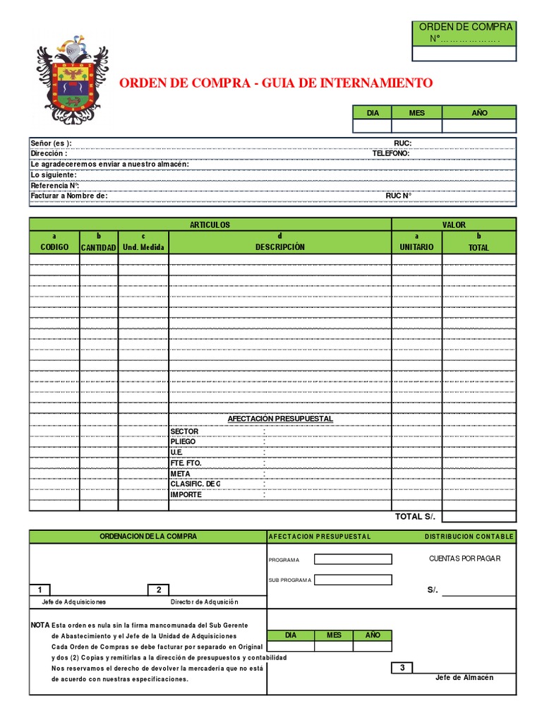 Orden de Compra y Guía de Internamiento | PDF