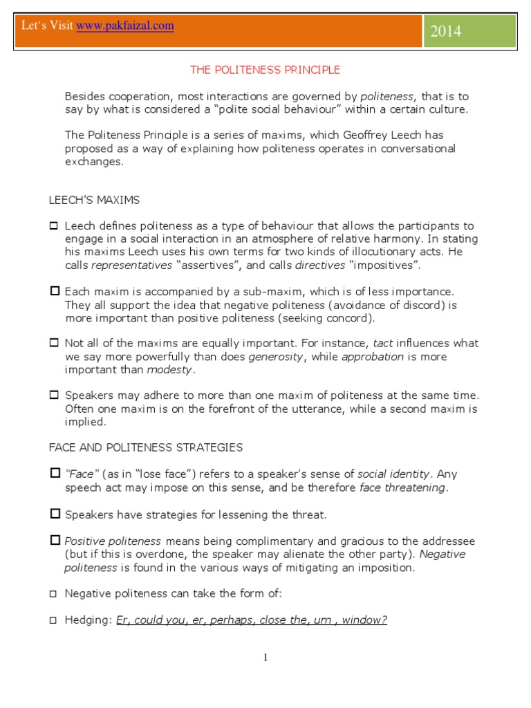 Leech Politeness Maxims and Instances in English and Bahasa PDF | PDF ...