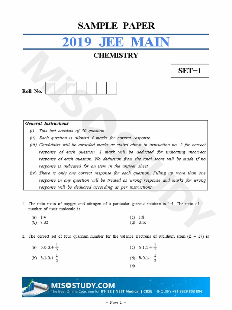 JEE Main 2019 Chemistry Sample Paper | PDF | Adsorption | Applied And ...