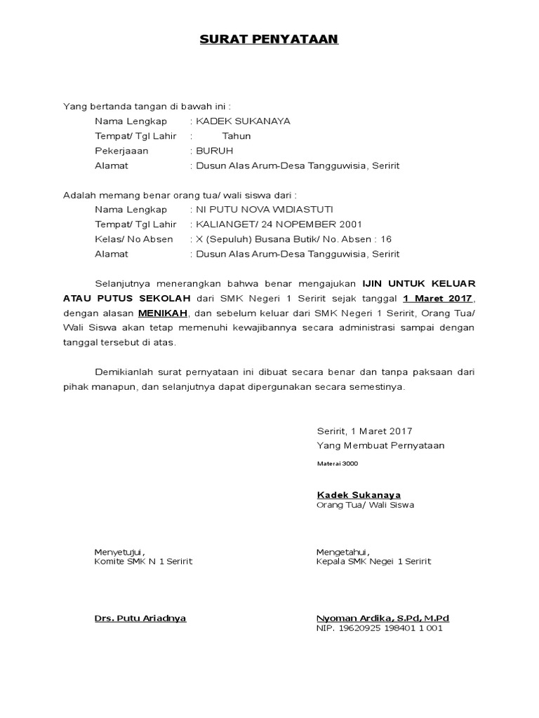 Surat Pernyataan Putus Sekolah N a m a.