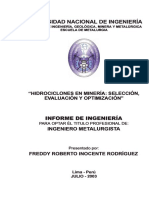 Hidrociclones en Mineria, Seleccion, Evaluacion y Optimizacion