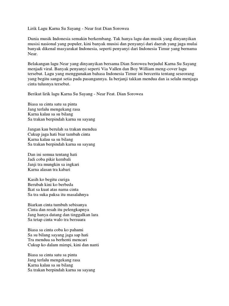 Lirik Lagu Karna Su Sayang