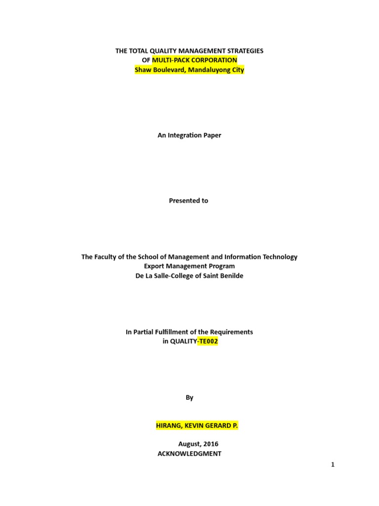 Total Quality Management Integration Paper | PDF | Survey Methodology ...
