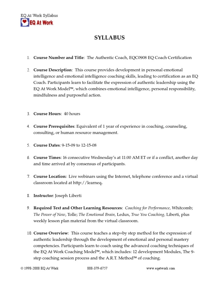 EQ Coach Certification Syllabus | PDF | Syllabus | Emotional Intelligence