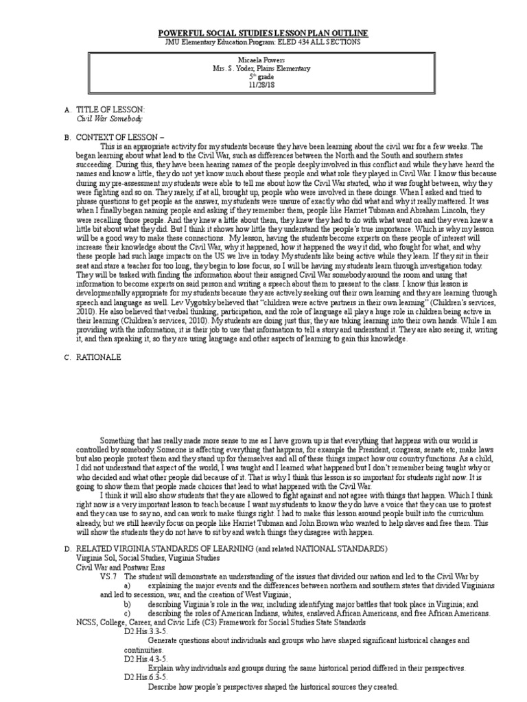 Social Studies Lesson Plan Final PDF Teachers American Civil War