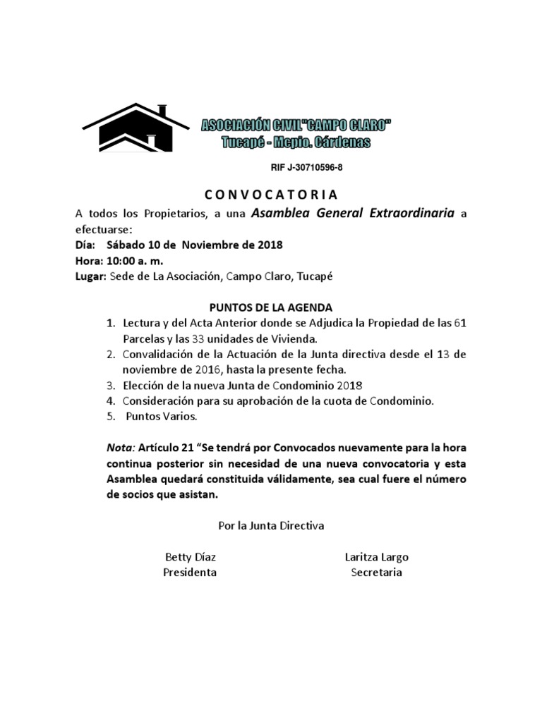 Modelo de Convocatoria Asamblea de Condominio PDF