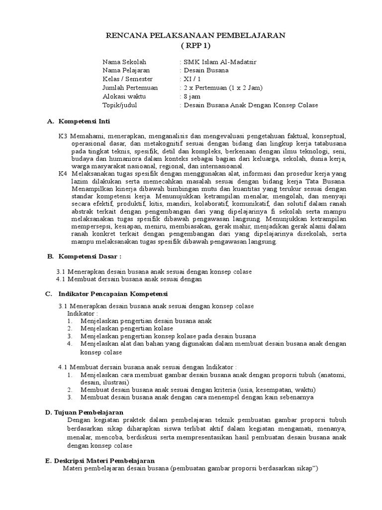 Rpp 1 Desain Busana Anak Kolase
