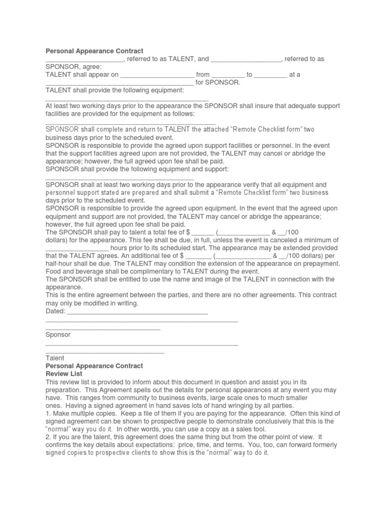 Personal Appearance Contract PDF Business Government Personal Appearance Contract PDF Business Government