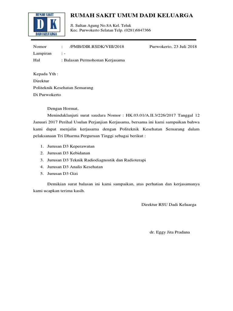 Surat Balasan Permohonan Kerjasama