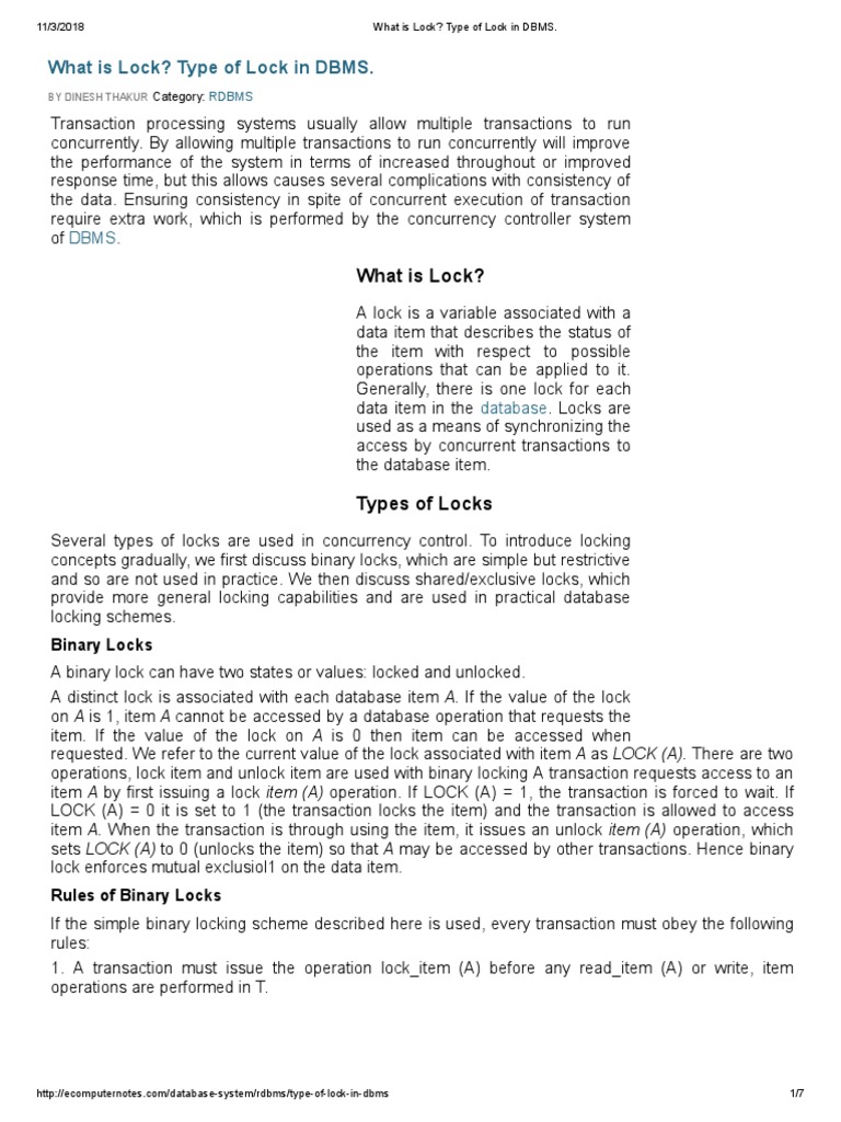 What Is Lock Type of Lock in DBMS PDF Database Transaction