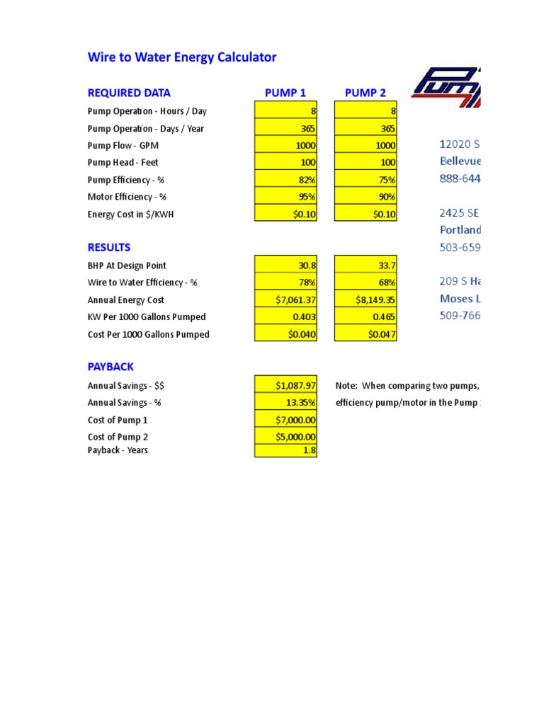 Wire To Water Energy Calculator Required Data Pump 1 Pump 2 PDF
