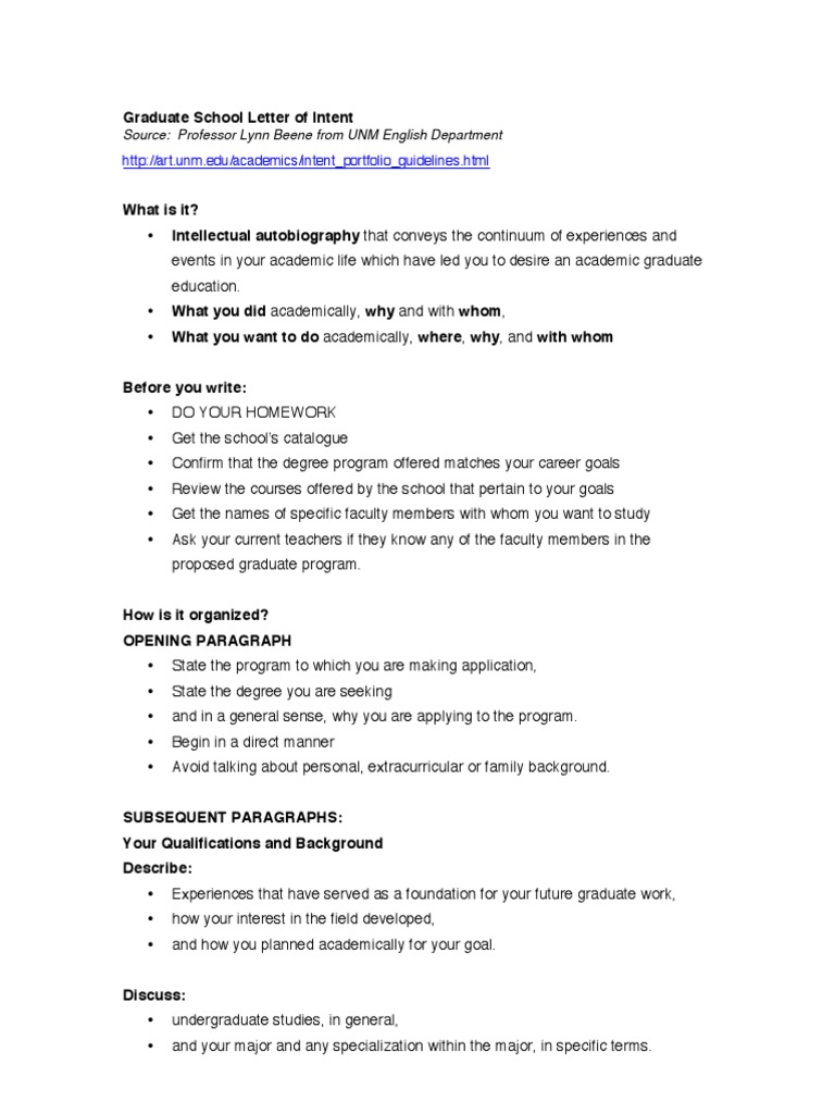 Letter of Intent Format Graduate School  PDF  Graduate School