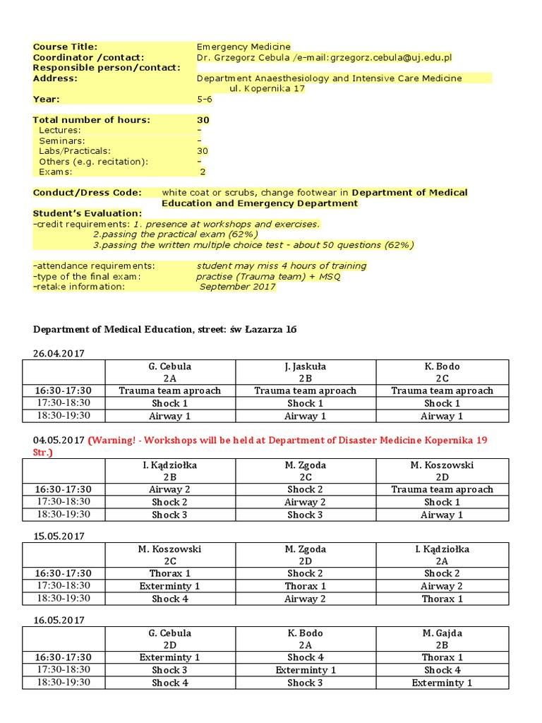 Emergency Medicine Course Schedule | PDF | Emergency Department ...